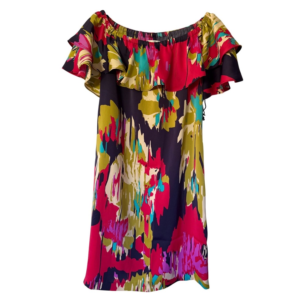 London Times The Shoulder‎ Ruffle Abstract Floral Dress Purple Red 6